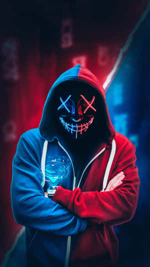 4k Mask Blue & Red Neon Hacker Boy Wallpaper