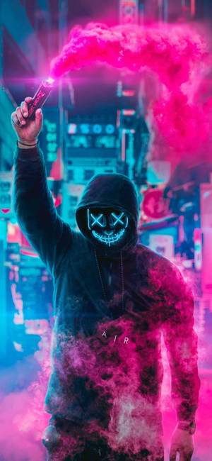 4k Neon Iphone Masked Man With Smoke Bottle Wallpaper