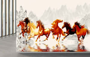 7 Horses Image On Grey Room Wallpaper