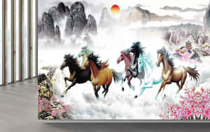 7 Horses Walking Through Eastern Scenery Wallpaper