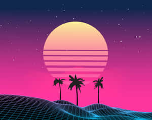 80s Vaporwave Sun And Palm Trees Wallpaper