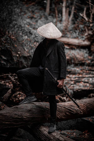 8k Samurai In All-black With Sedge Hat Wallpaper