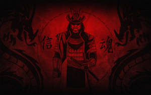 8k Samurai In Monochrome Red Wallpaper