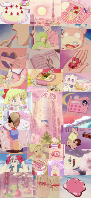 90s Anime Aesthetic Pink Collage Wallpaper