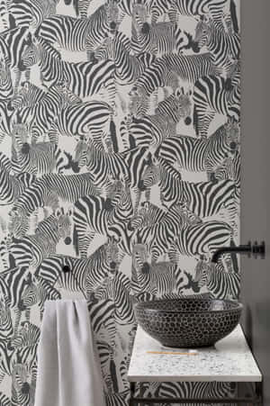 A Bathroom With Zebra Wallpaper And A Sink Wallpaper