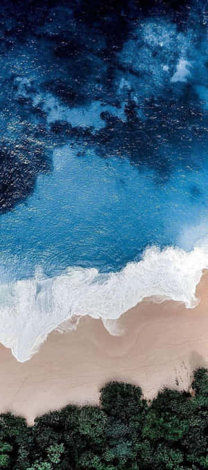 A Beach With Waves And Trees In The Background Wallpaper