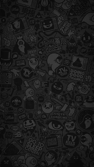A Black Background With Many Different Stickers On It Wallpaper