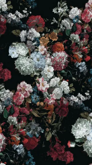 A Black Floral Fabric With Red, Blue, And White Flowers Wallpaper