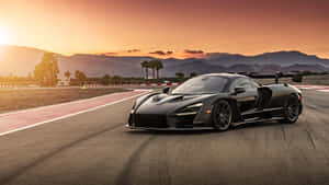 A Black Sports Car Driving On A Track At Sunset Wallpaper