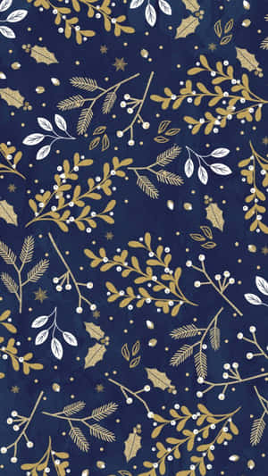 A Blue And Gold Christmas Fabric With Leaves And Branches Wallpaper