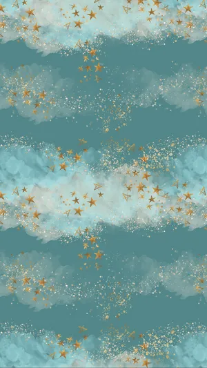 A Blue And Gold Pattern With Stars And Clouds Wallpaper