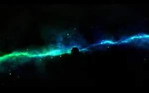 A Blue And Green Space With A Spaceship In The Background Wallpaper