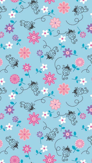 A Blue And Pink Floral Pattern With Butterflies And Flowers Wallpaper