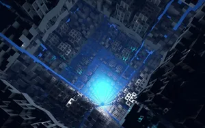 A Blue Light Is Shining Through A City Wallpaper