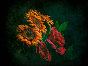 A Breathtaking Floral View Of A Bouquet Of Sunflowers, Roses And Greenery. Wallpaper