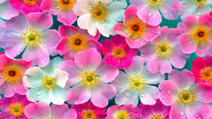 A Bunch Of Pink And Yellow Flowers With Water Droplets Wallpaper