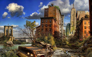 A Car Is Parked In A City With A Bridge Wallpaper