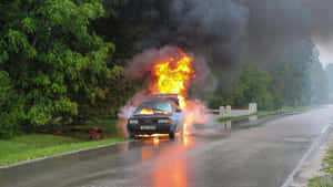 A Car On Fire On A Road Wallpaper
