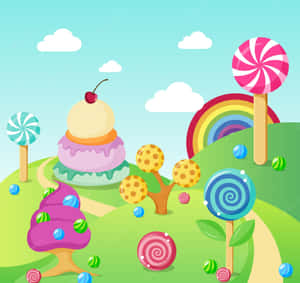 A Cartoon Candy Landscape With A Rainbow And Lollipops Wallpaper