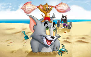 A Cartoon Cat And A Crab On The Beach Wallpaper