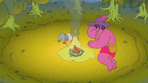 A Cartoon Character Is Sitting Around A Campfire In The Woods Wallpaper