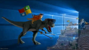 A Cartoon Character Riding A Dinosaur In Front Of A Window Wallpaper