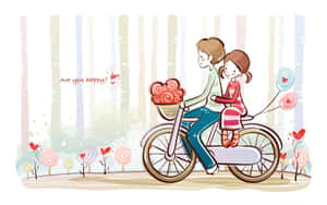 A Cartoon Couple Riding A Bicycle With Hearts Wallpaper
