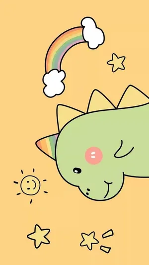 A Cartoon Dinosaur With A Rainbow And Stars Wallpaper