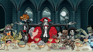 A Cartoon Of A Halloween Dinner Table With Many Characters Wallpaper