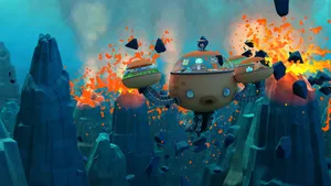 A Cartoon Of A Ship Flying Over A Volcano Wallpaper