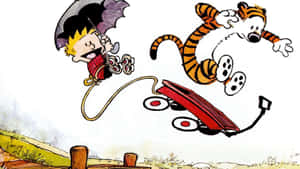 A Cartoon Of A Tiger And A Boy Jumping Over A Railing Wallpaper