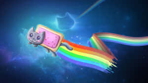 A Cat Flying Through Space With A Rainbow On It Wallpaper