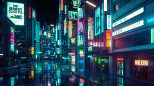 A City Street With Neon Signs And Lights Wallpaper