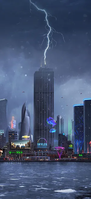 A City With A Lightning Bolt Wallpaper