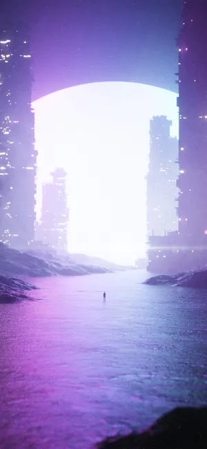 A City With A Purple Sky And A City In The Background Wallpaper