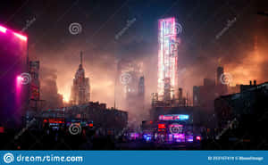 A Cityscape With Neon Lights At Night Wallpaper