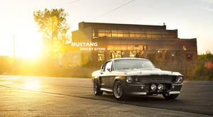A Classic Mustang Is Parked In Front Of A Building Wallpaper
