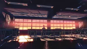 A Classroom With Windows And A Sunset Wallpaper