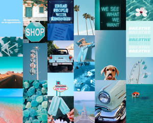 A Collage Of Blue Pictures With A Car And A Beach Wallpaper