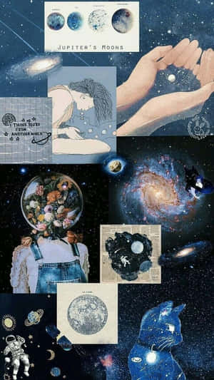 A Collage Of Images Of The Moon, Stars And Planets Wallpaper
