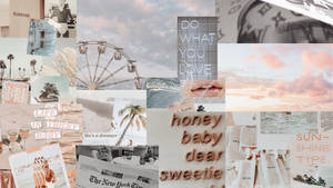 A Collage Of Photos And Text With A Beach Theme Wallpaper
