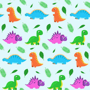 A Colorful Dinosaur Pattern With Leaves And Leaves Wallpaper