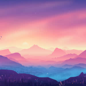 A Colorful Landscape With Mountains And Birds Wallpaper