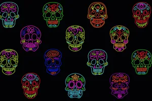 A Colorful Set Of Sugar Skulls On A Black Background Wallpaper