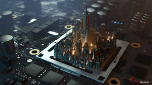 A Computer Board With A City On Top Wallpaper