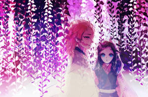 A Couple Of Anime Characters Standing Under A Purple Canopy Wallpaper