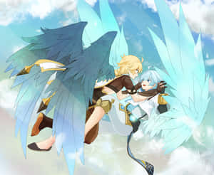 A Couple Of Anime Characters With Wings Flying In The Sky Wallpaper