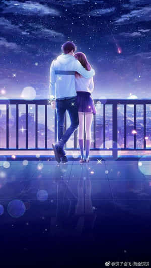 A Couple Standing On A Balcony With Stars In The Sky Wallpaper