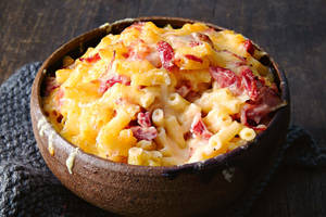 A Delightful Plate Of Mac And Cheese With Salami Wallpaper