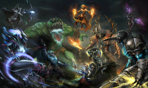 A Dota 2 Desktop Themed Design Featuring A Diverse Lineup Of Heroes Wallpaper